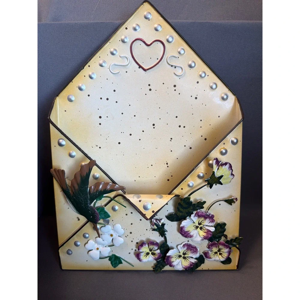 Vintage Metal Wall Pocket Envelope Mail Holder Hummingbird Pansy Flowers Heart